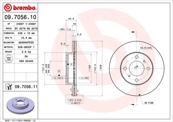 Disc frana MITSUBISHI CARISMA limuzina (DA_) 1.6 (DA1A) benzina 95 cai BREMBO 09.7056.11