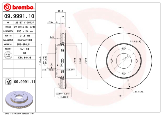 Disc frana MITSUBISHI COLT VI (Z3_A, Z2_A) 1.3 LPG (Z33A) Benzina/Autogaz (GPL) 95 cai BREMBO 09.9991.11