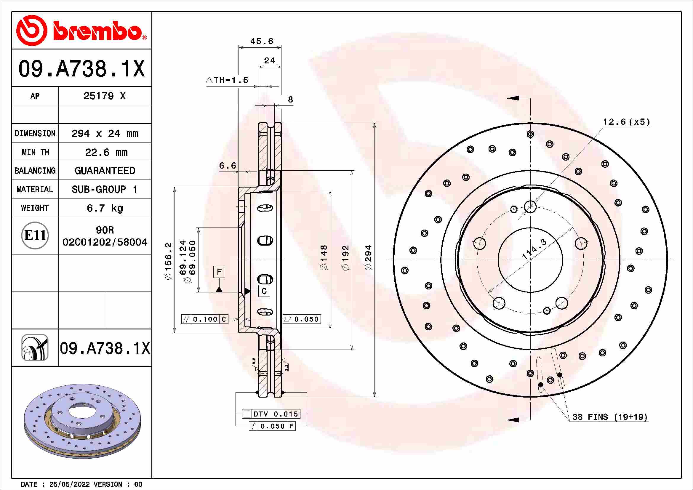 Disc frana MITSUBISHI LANCER VIII Sportback (CX_A) 2.0 Ralliart 4WD (CX4A) benzina 241 cai BREMBO 09.A738.1X