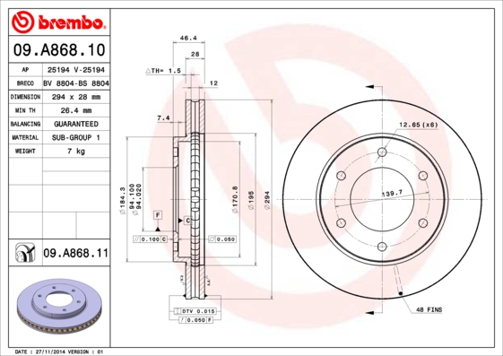 Disc frana MITSUBISHI L200 platou / sasiu (MQ) 2.4 D 4WD (KL1T) diesel 181 cai BREMBO 09.A868.10