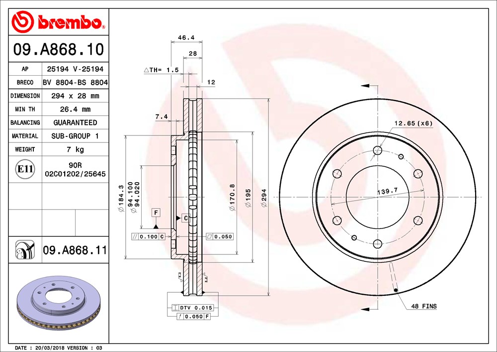 Disc frana MITSUBISHI L200 / TRITON (KJ_, KK_, KL_) 2.2 DI-D diesel 150 cai BREMBO 09.A868.11