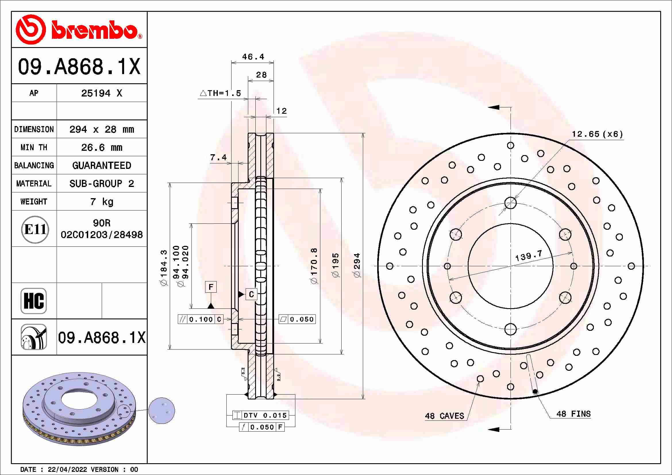 Disc frana MITSUBISHI L200 / TRITON (KJ_, KK_, KL_) 2.4 DI-D (KJ0T) diesel 154 cai BREMBO 09.A868.1X