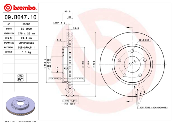Disc frana MITSUBISHI LANCER VIII Sportback (CX_A) 1.8 Bifuel (CX3A, CX6A) Benzina/Autogaz (GPL) 143 cai BREMBO 09.B647.10