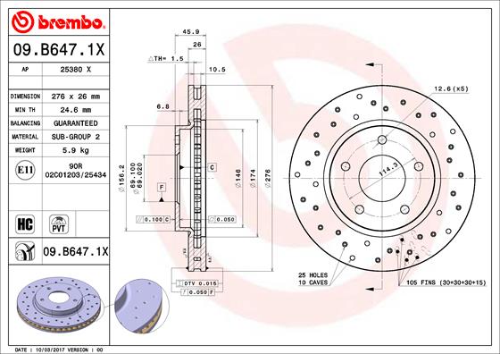 Disc frana MITSUBISHI LANCER VIII Sportback (CX_A) 1.8 MIVEC (CX3A, CX6A) benzina 140 cai BREMBO 09.B647.1X