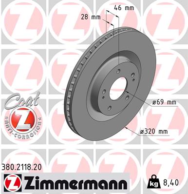 Disc frana MITSUBISHI OUTLANDER III (GG_W, GF_W, ZJ, ZL, ZK) 2.0 (GF7W) benzina 150 cai ZIMMERMANN 380.2118.20