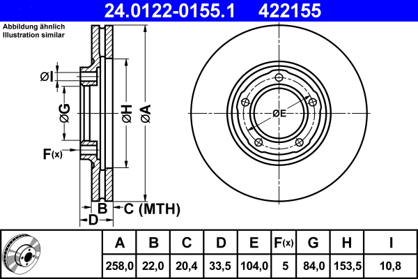 Disc frana MITSUBISHI L 300 III bus (P0_W, P1_W, P2_W, P3_W) 2.0 (P03W, P13W) benzina 90 cai ATE 24.0122-0155.1