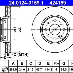 Disc frana MITSUBISHI CARISMA limuzina (DA_) 1.8 GDI (DA2A) benzina 122 cai ATE 24.0124-0159.1