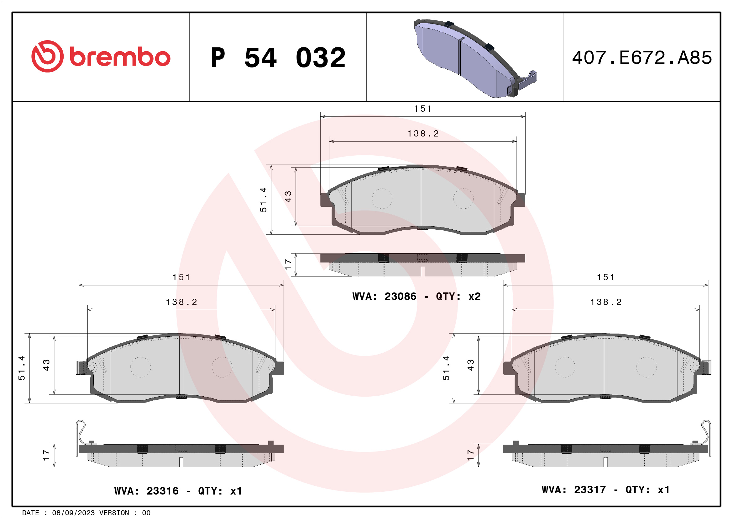 Placute frana MITSUBISHI L200 (K7_T, K6_T, K5_T) 2.5 TD (K64T) diesel 90 cai BREMBO P 54 032