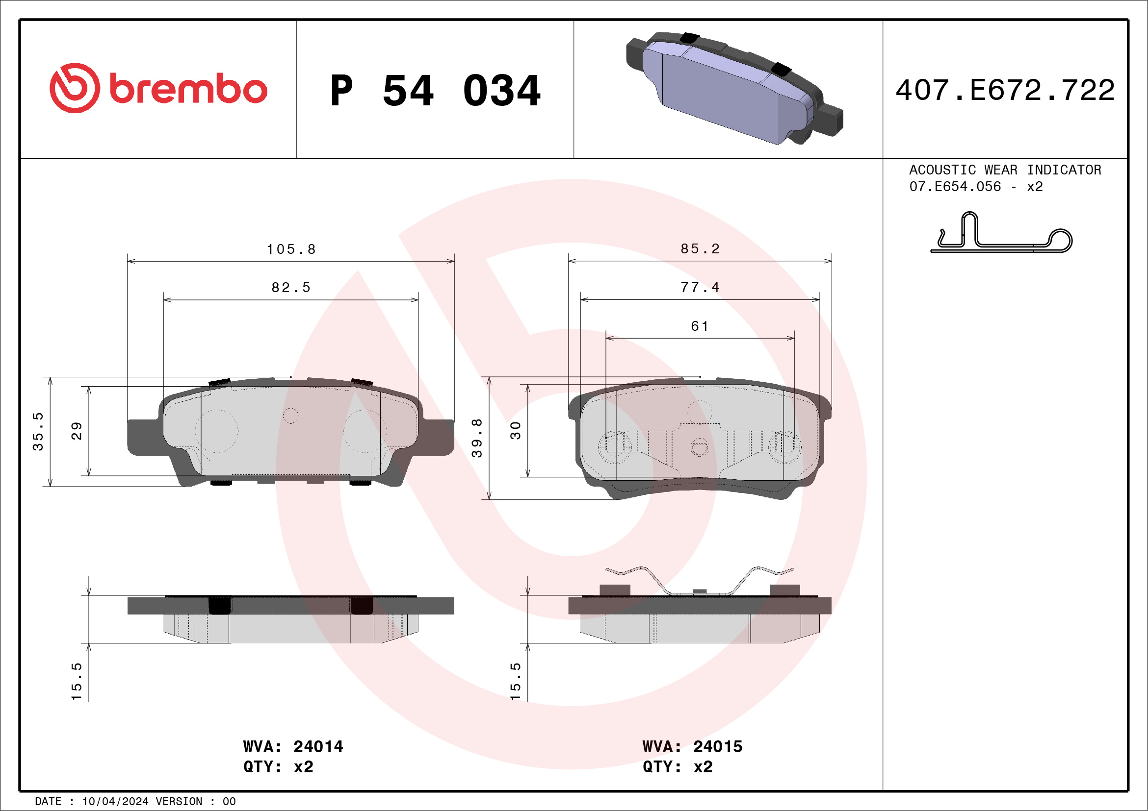 Placute frana MITSUBISHI OUTLANDER I (CU_W) 2.4 4WD (CU5W) benzina 162 cai BREMBO P 54 034