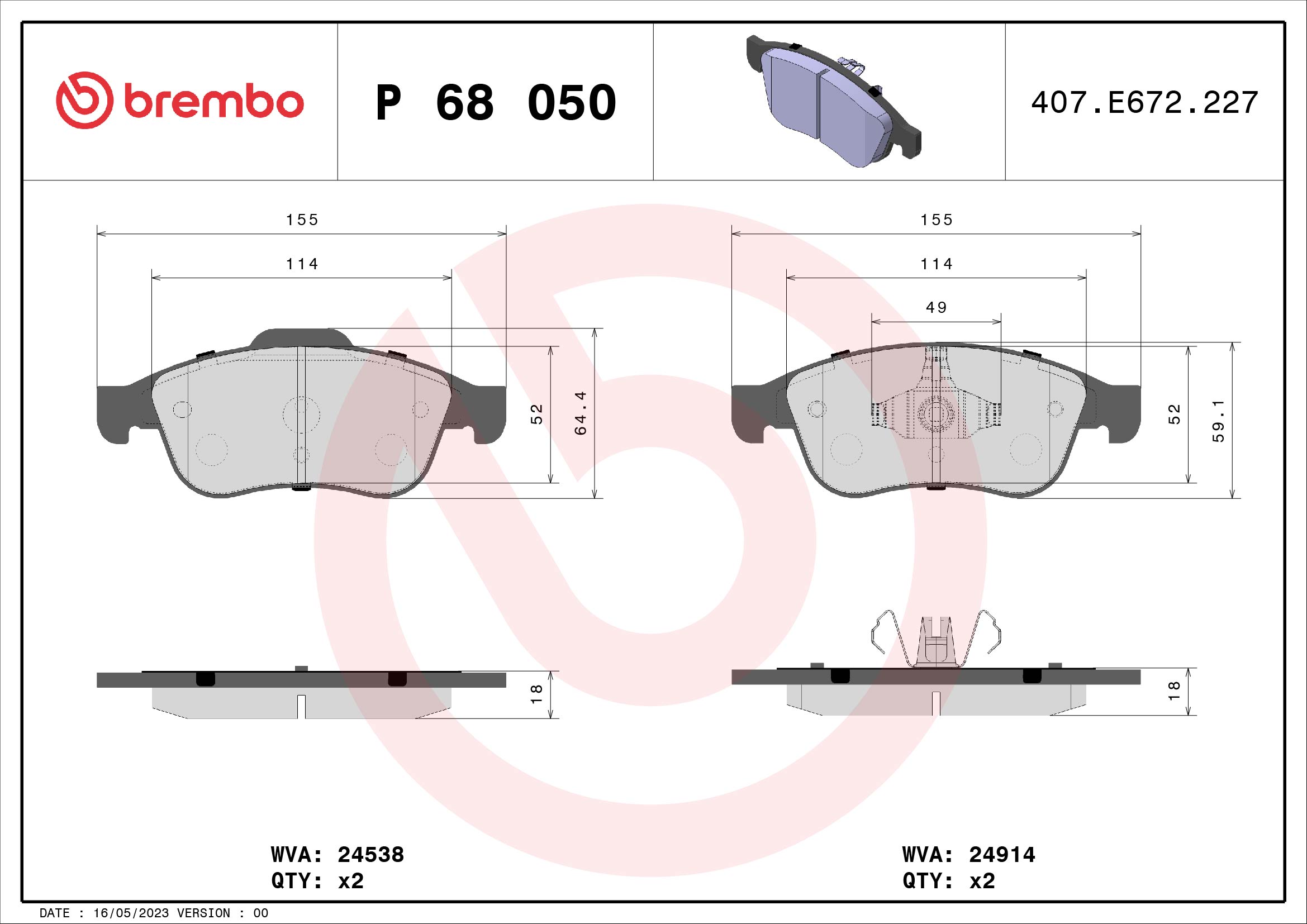 Placute frana MITSUBISHI COLT VII hatchback (VB_) 1.6 Hybrid (VBEH6) benzina/elector 143 cai BREMBO P 68 050X