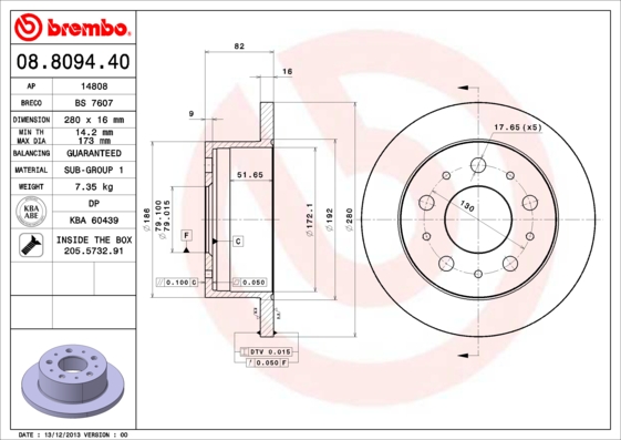 Disc frana OPEL MOVANO C caroserie (U9) 2.2 D diesel 140 cai BREMBO 08.8094.40