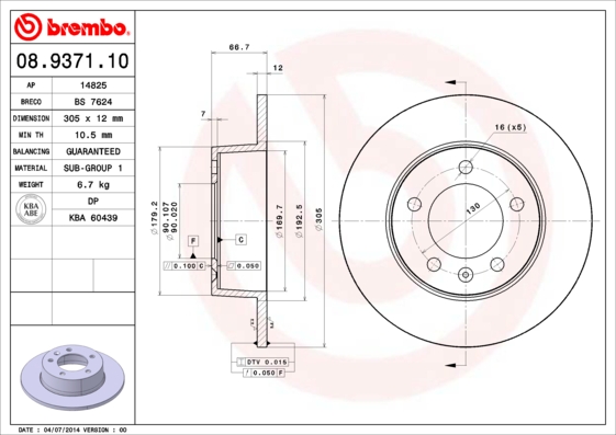 Disc frana OPEL MOVANO A caroserie (X70) 2.5 CDTI (FD) diesel 146 cai BREMBO 08.9371.10