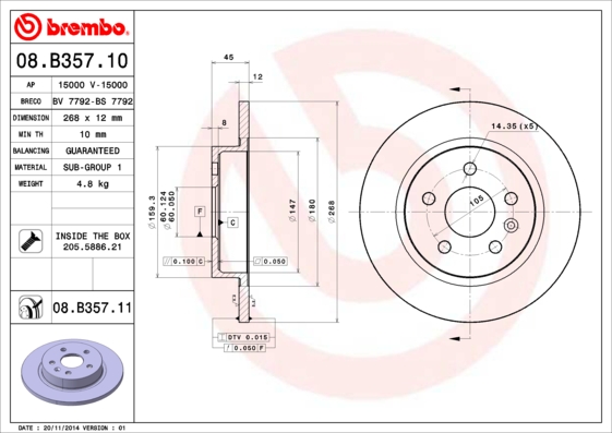 Disc frana OPEL MOKKA / MOKKA X (J13) 1.4 4x4 (_76) benzina 152 cai BREMBO 08.B357.11