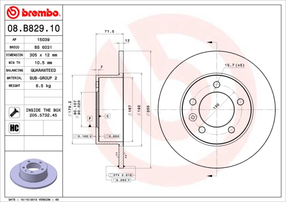 Disc frana OPEL MOVANO B platou / sasiu (X62) 2.3 CDTI FWD (EV, HV, UV) diesel 179 cai BREMBO 08.B829.10