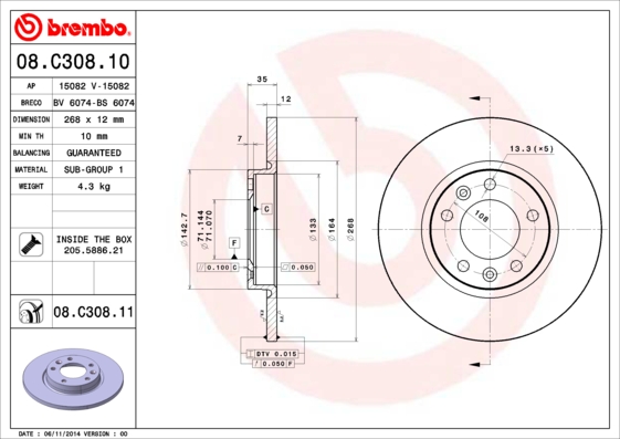 Disc frana OPEL GRANDLAND / GRANDLAND X (A18, P1UO) 2.0 D (75) diesel 177 cai BREMBO 08.C308.11