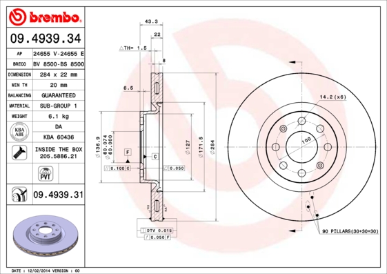 Disc frana OPEL ADAM (M13) 1.4 benzina 101 cai BREMBO 09.4939.31