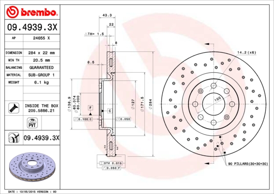 Disc frana OPEL ADAM (M13) 1.4 LPG Benzina/Autogaz (GPL) 87 cai BREMBO 09.4939.3X