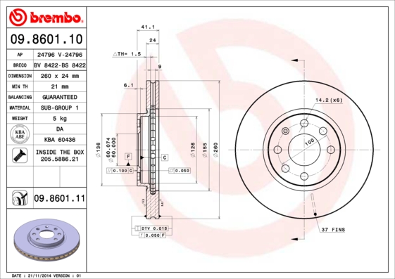Disc frana OPEL COMBO Autoutilitara/limuzina spatioasa 1.3 CDTI 16V diesel 75 cai BREMBO 09.8601.10