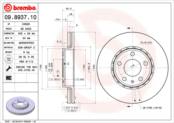 Disc frana OPEL VIVARO A caroserie (X83) 2.0 CDTI (F7) diesel 90 cai BREMBO 09.8937.11