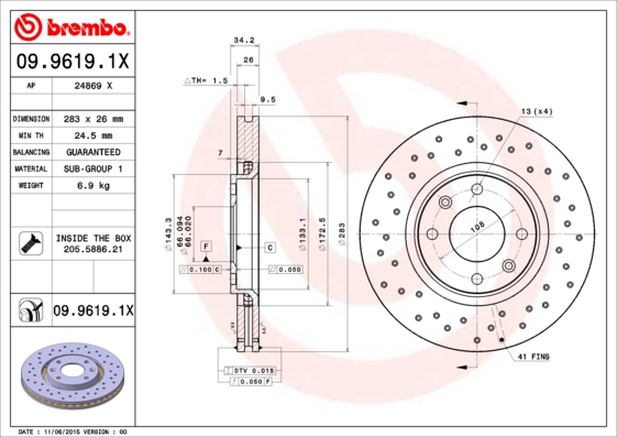 Disc frana OPEL MOKKA 1.2 (76) benzina 131 cai BREMBO 09.9619.1X