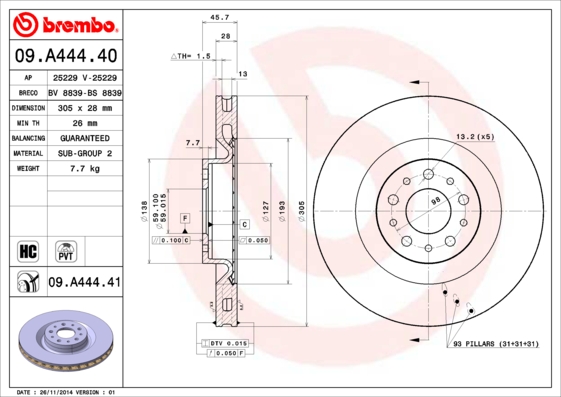Disc frana OPEL COMBO Autoutilitara/limuzina spatioasa (X12) 1.3 CDTI (B05) diesel 80 cai BREMBO 09.A444.40