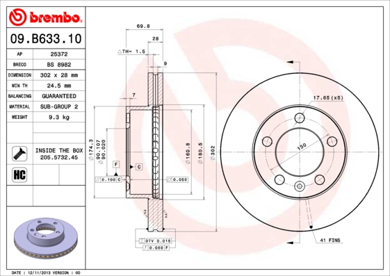 Disc frana OPEL MOVANO B platou / sasiu (X62) 2.3 CDTI FWD (EV, HV, UV) diesel 179 cai BREMBO 09.B633.10