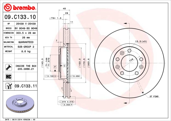 Disc frana OPEL COMBO Autoutilitara/limuzina spatioasa (K9) 1.5 D diesel 76 cai BREMBO 09.C133.11