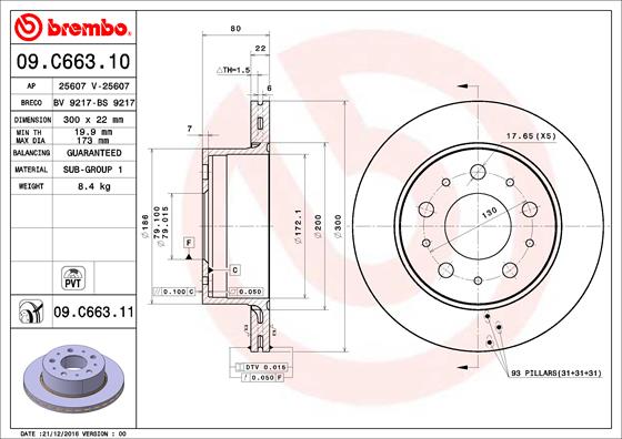 Disc frana OPEL MOVANO C platou / sasiu (U9) 2.2 D diesel 165 cai BREMBO 09.C663.11