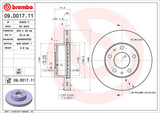 Disc frana OPEL MOVANO C caroserie (U9) 2.2 D diesel 140 cai BREMBO 09.D017.11