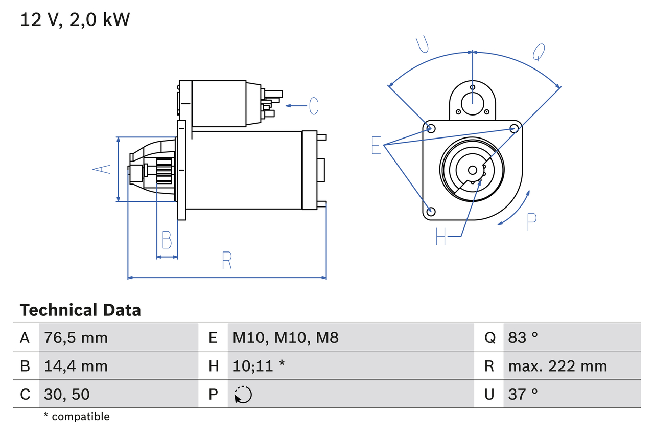 Electromotor OPEL MOVANO B caroserie (X62) 2.3 CDTI FWD (FV) diesel 125 cai BOSCH 0 986 023 530
