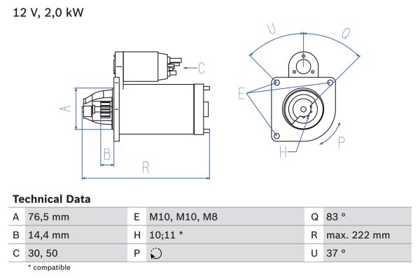Electromotor OPEL MOVANO B caroserie (X62) 2.3 CDTI FWD (FV) diesel 179 cai BOSCH 0 986 023 530