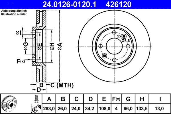 Disc frana OPEL MOKKA 1.2 (76) benzina 131 cai ATE 24.0126-0120.1