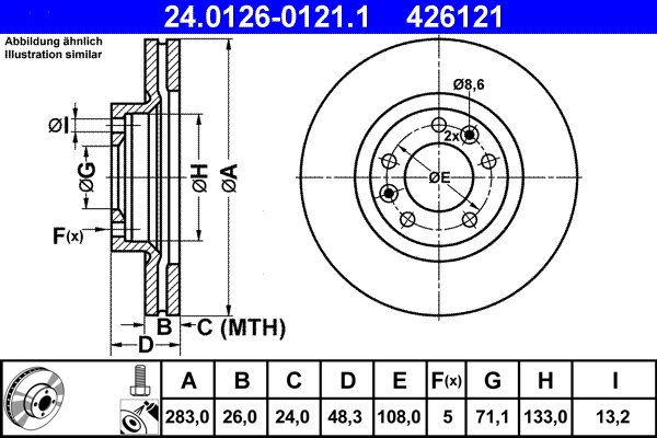 Disc frana OPEL COMBO Autoutilitara/limuzina spatioasa (K9) 1.5 D diesel 102 cai ATE 24.0126-0121.1