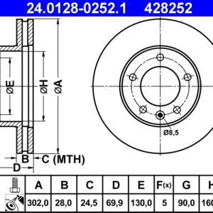 Disc frana OPEL MOVANO B platou / sasiu (X62) 2.3 CDTI RWD (EV, HV, UV) diesel 131 cai ATE 24.0128-0252.1