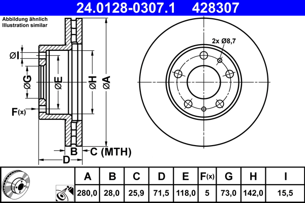 Disc frana OPEL MOVANO C platou / sasiu (U9) 2.2 D diesel 165 cai ATE 24.0128-0307.1