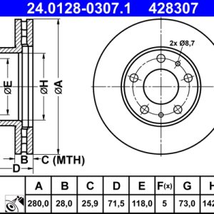 Disc frana OPEL MOVANO C caroserie (U9) 2.2 BlueHDi 180 diesel 180 cai ATE 24.0128-0307.1