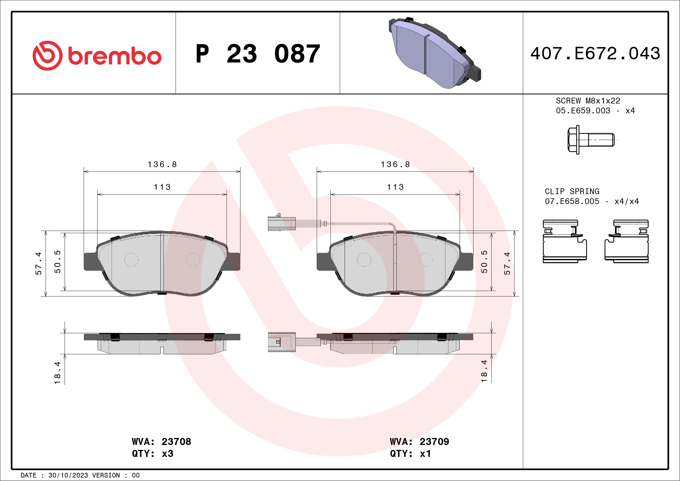 Placute frana OPEL COMBO Autoutilitara/limuzina spatioasa (X12) 2.0 CDTI (B05) diesel 135 cai BREMBO P 23 087