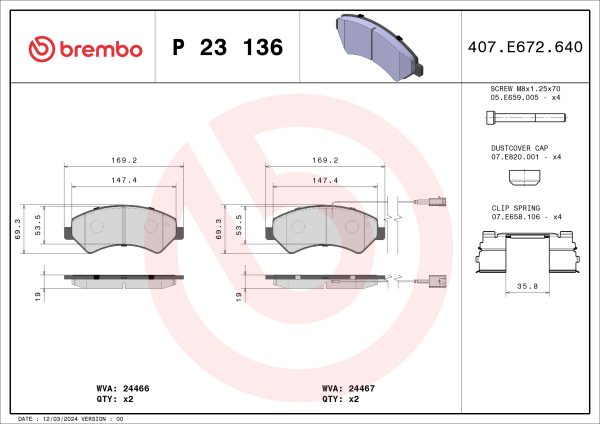 Placute frana OPEL MOVANO C platou / sasiu (U9) 2.2 D diesel 165 cai BREMBO P 23 136