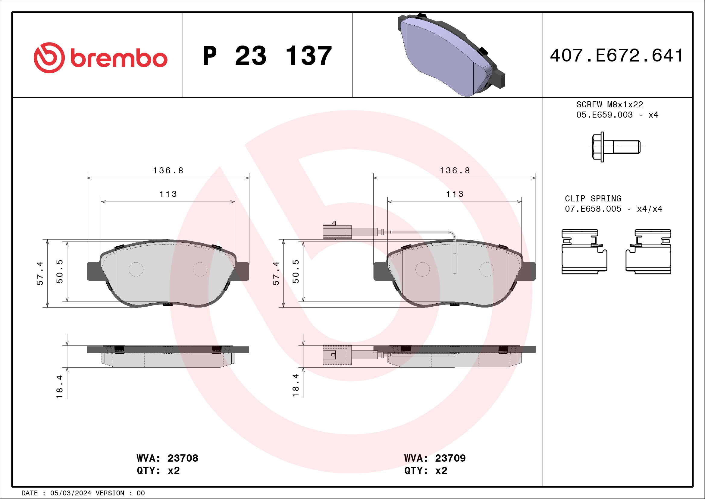 Placute frana OPEL COMBO Autoutilitara/limuzina spatioasa (X12) 1.3 CDTI (B05) diesel 95 cai BREMBO P 23 137X