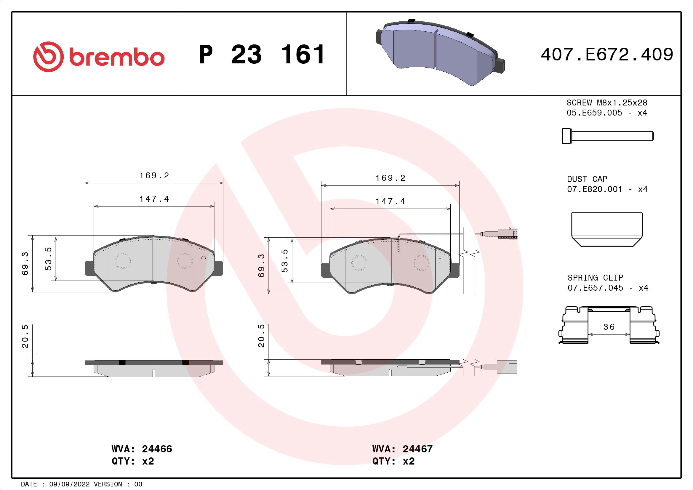 Placute frana OPEL MOVANO C caroserie (U9) MOVANO-e electric 136 cai BREMBO P 23 161
