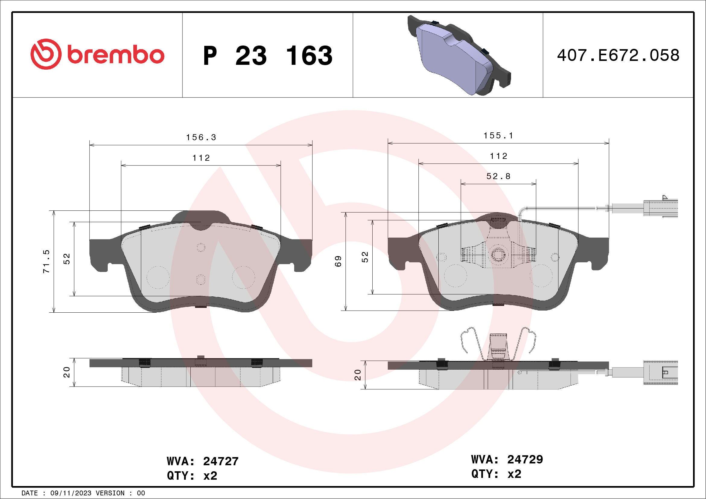 Placute frana OPEL COMBO Tour (X12) 1.3 CDTI (C26, D26, E26, C05) diesel 90 cai BREMBO P 23 163