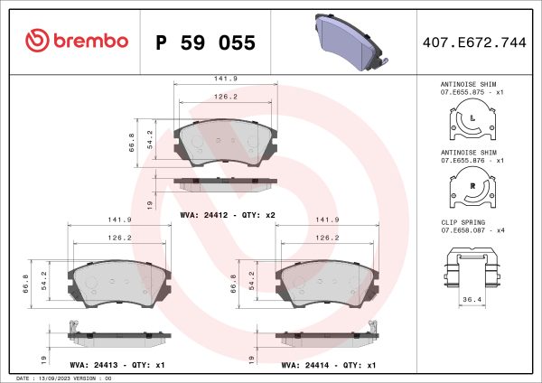 Placute frana OPEL CASCADA (W13) 1.6 SIDI (67) benzina 170 cai BREMBO P 59 055