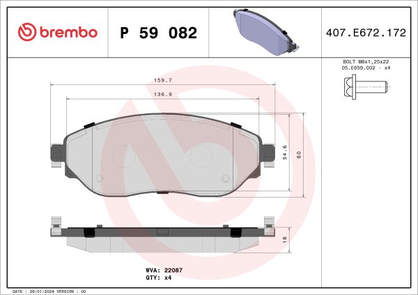 Placute frana OPEL VIVARO B platou / sasiu (X82) 1.6 CDTI (03) diesel 120 cai BREMBO P 59 082