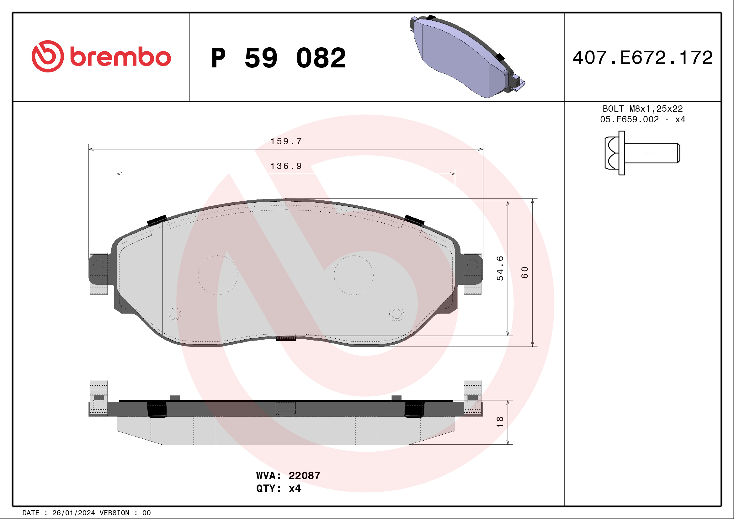 Placute frana OPEL VIVARO B bus (X82) 1.6 CDTI (06) diesel 116 cai BREMBO P 59 082