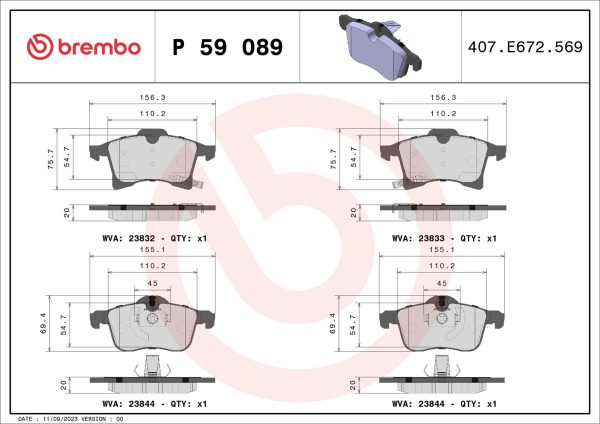Placute frana OPEL ADAM (M13) 1.0 benzina 90 cai BREMBO P 59 089