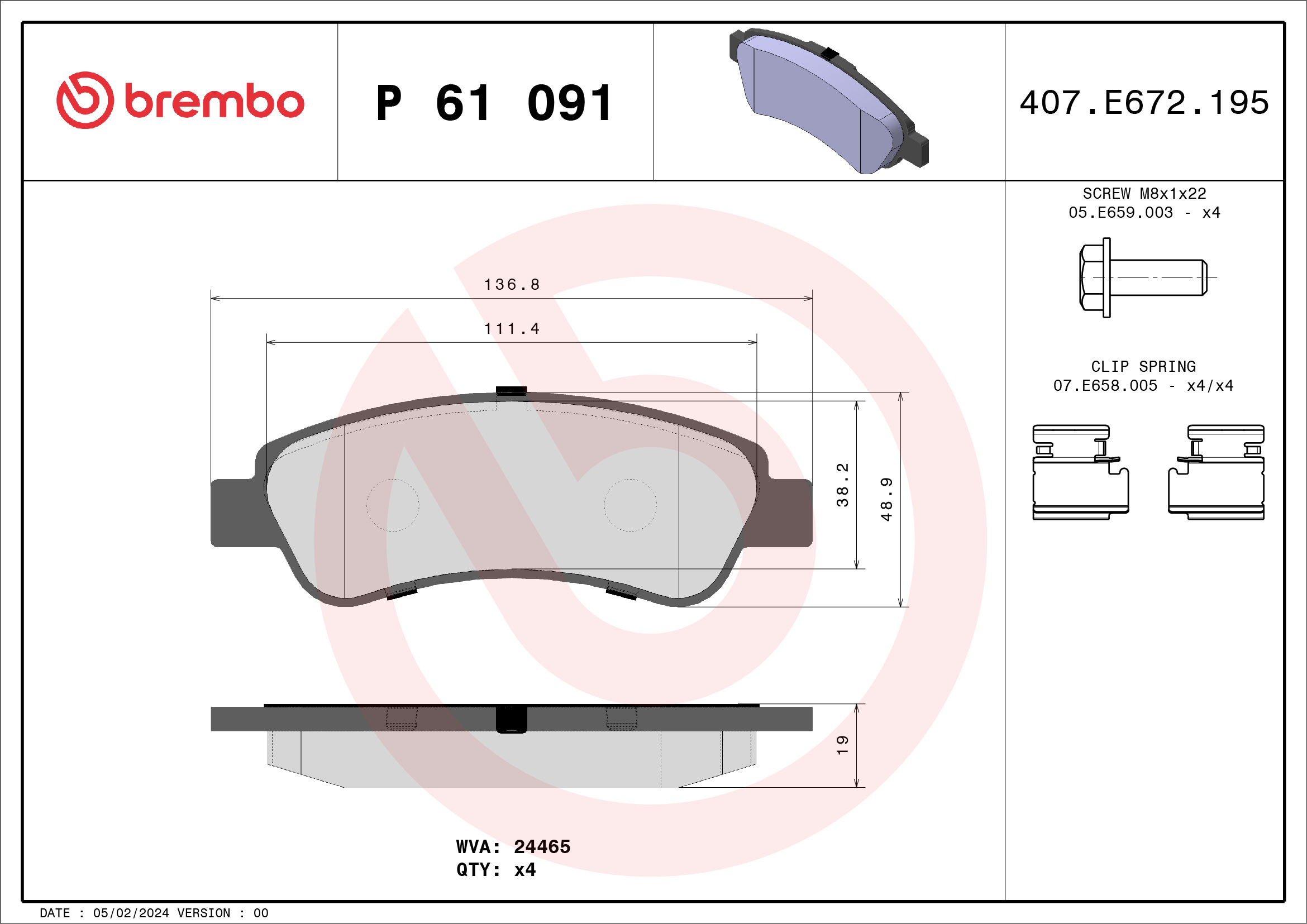 Placute frana OPEL MOVANO C platou / sasiu (U9) 2.2 D diesel 165 cai BREMBO P 61 091