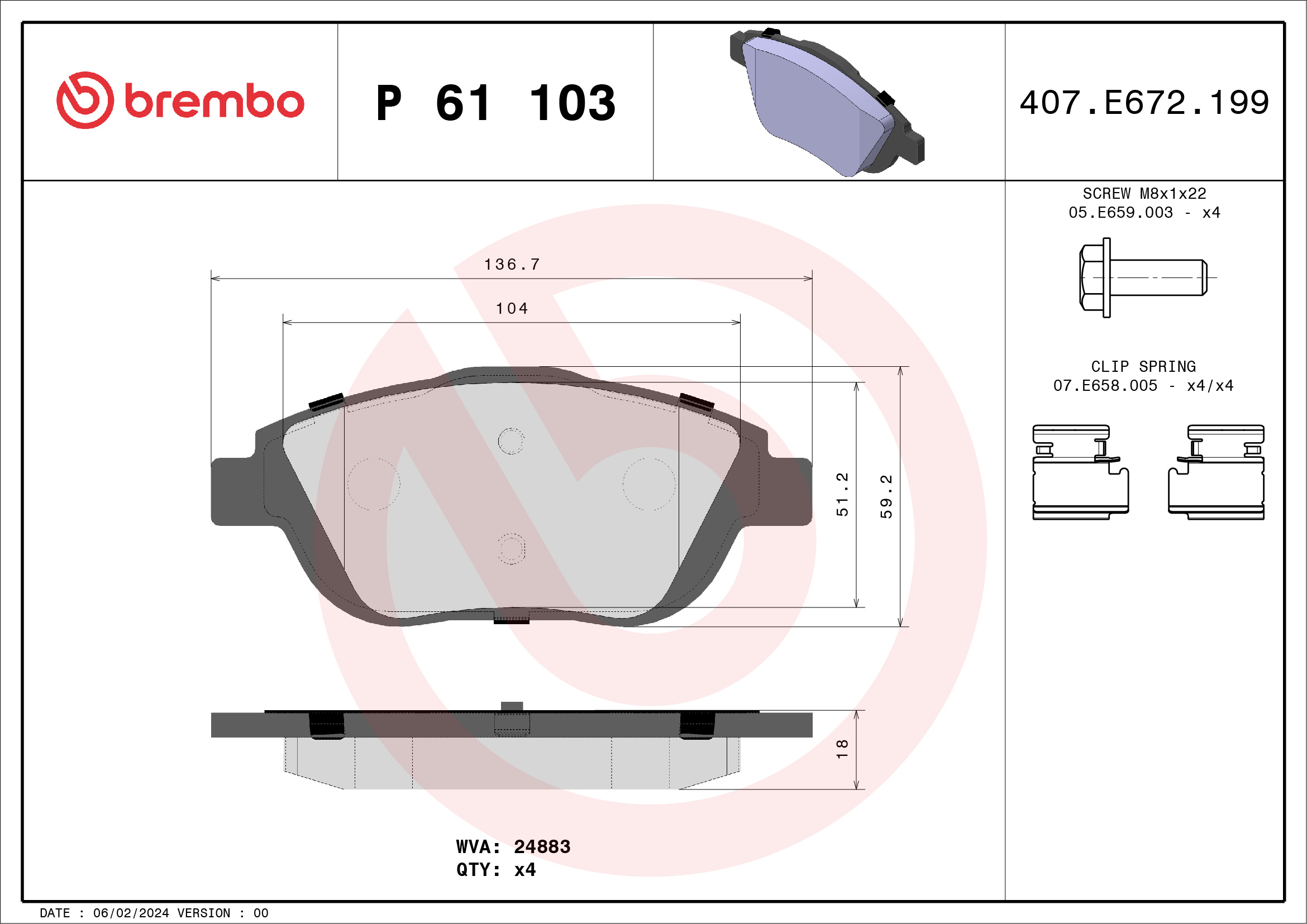 Placute frana OPEL MOKKA 1.2 (76) benzina 136 cai BREMBO P 61 103