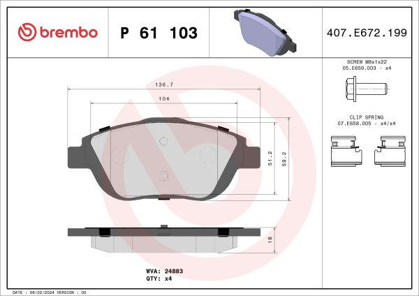 Placute frana OPEL MOKKA 1.2 (76) benzina 101 cai BREMBO P 61 103