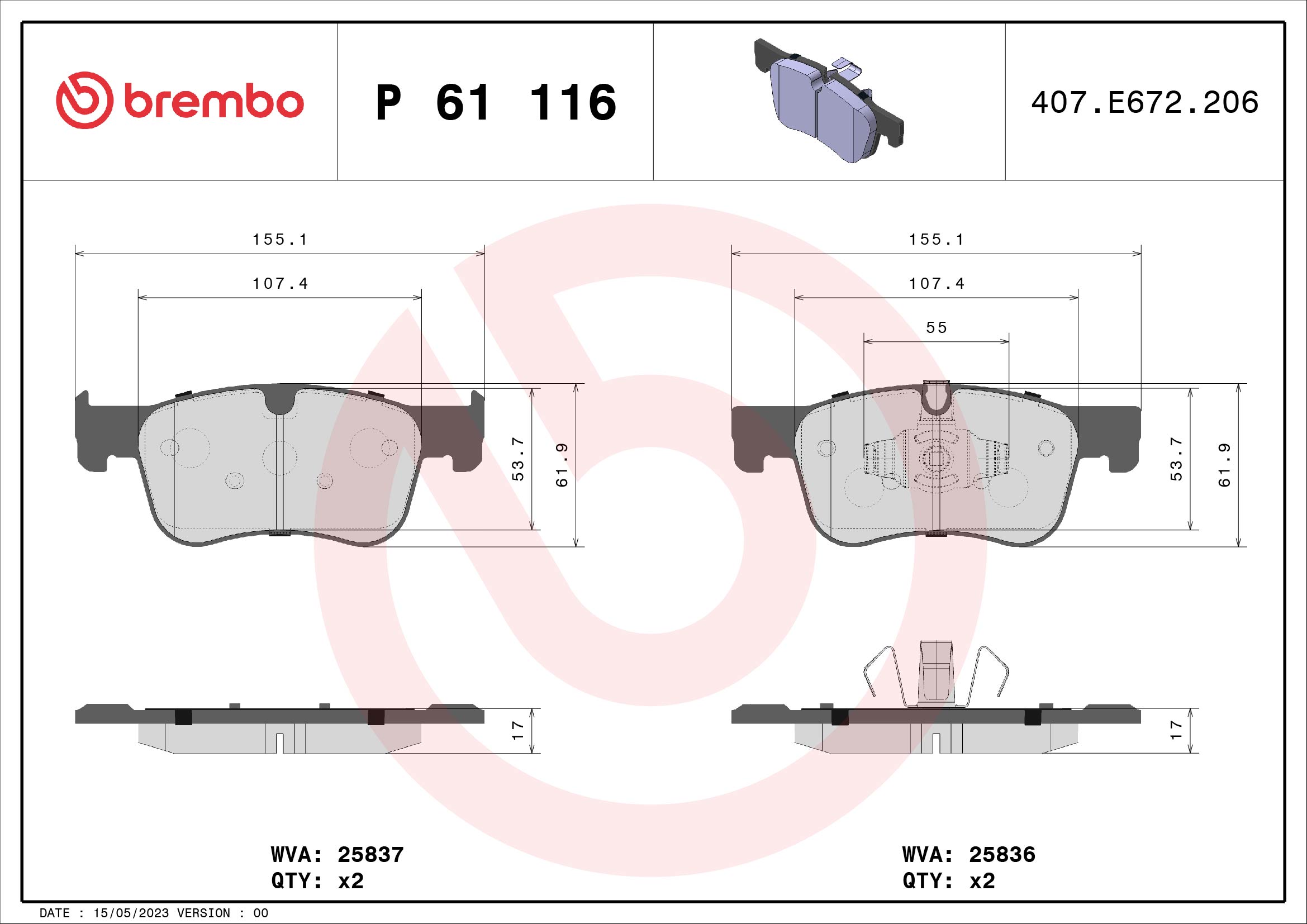 Placute frana OPEL COMBO Autoutilitara/limuzina spatioasa (K9) 1.2 benzina 131 cai BREMBO P 61 116
