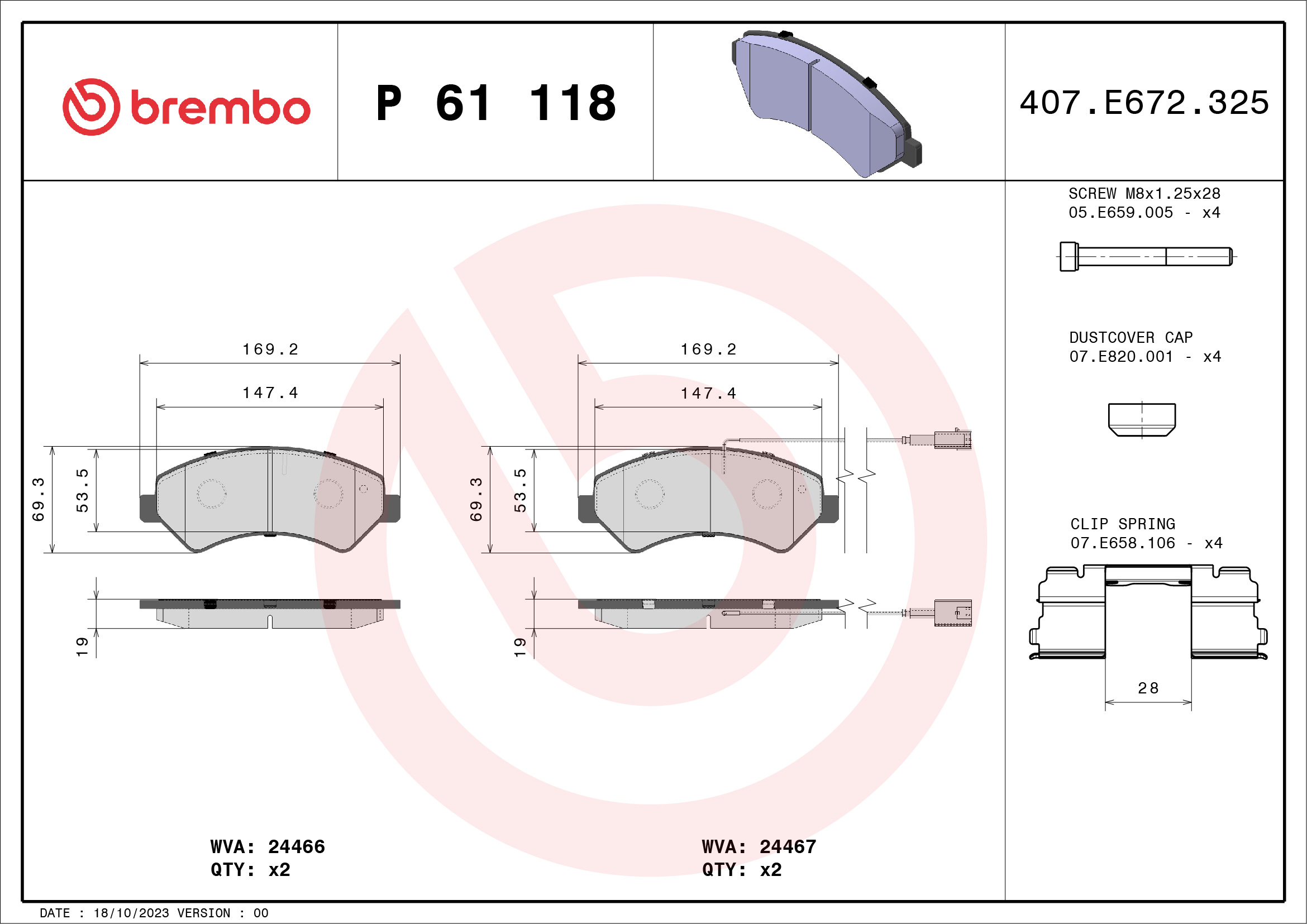 Placute frana OPEL MOVANO C caroserie (U9) 2.2 D diesel 140 cai BREMBO P 61 118